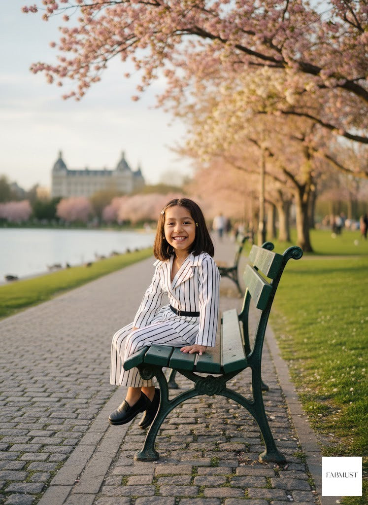 Striped coat and wide leg trousers