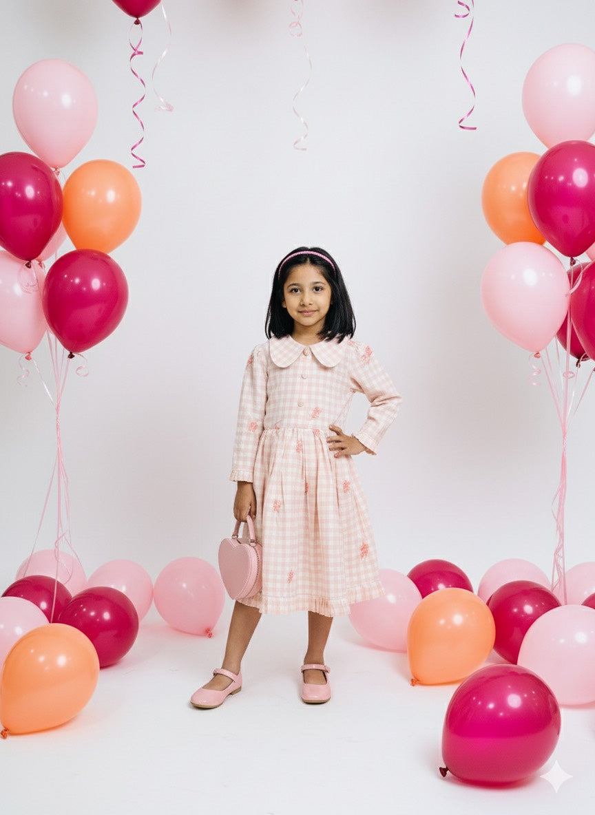 Pink Gingham embroidered frock