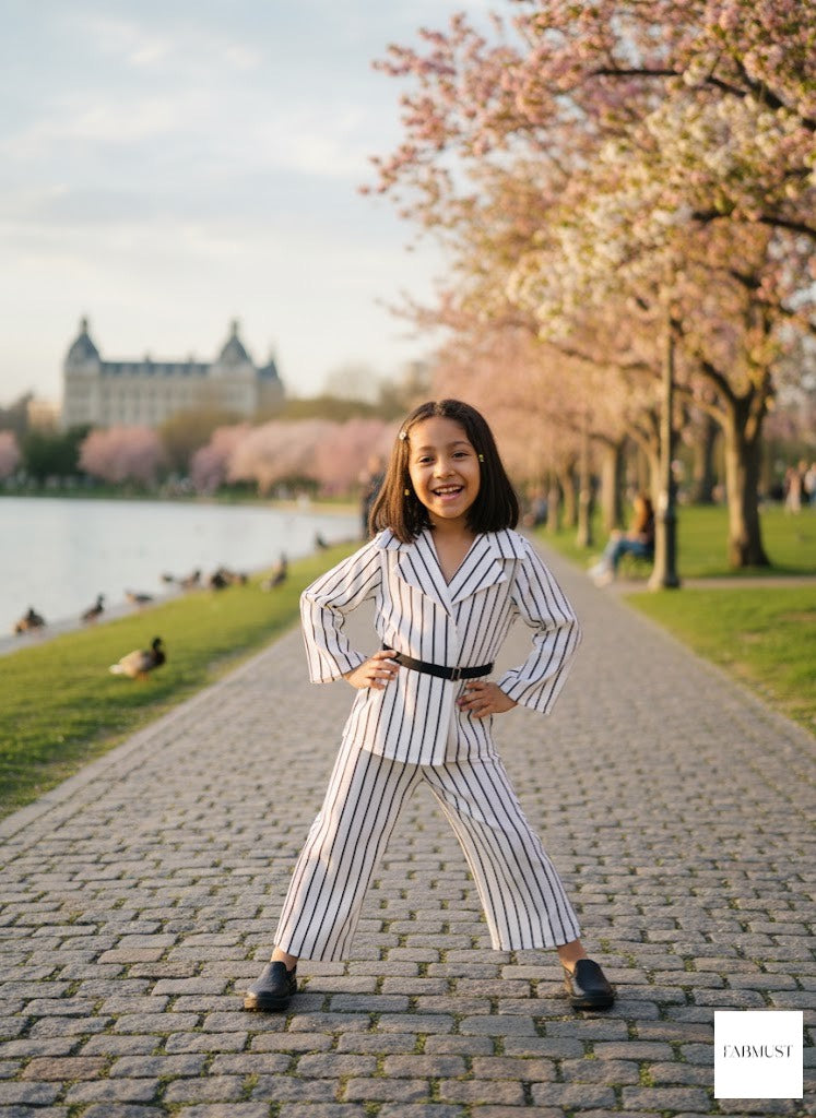 Striped coat and wide leg trousers