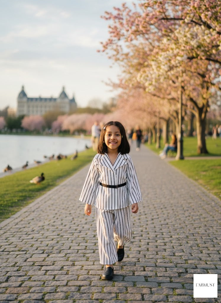 Striped coat and wide leg trousers